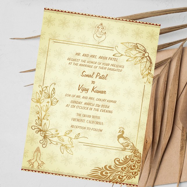 Indian Hindu Wedple Couple Image Golden Peacock Einladung (Von Creator hochgeladen)