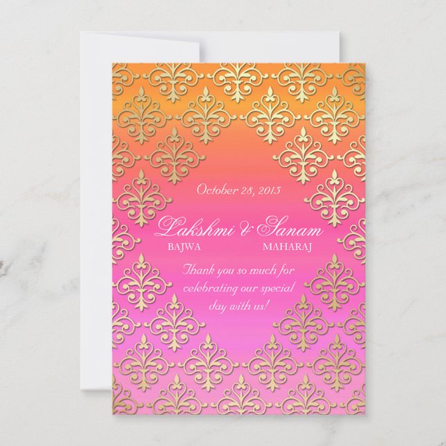 Indian Invite Foto Card Damask Pink Orange Gold Einladung (Vorderseite)