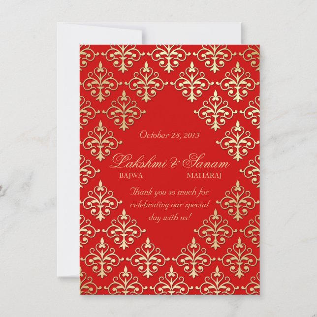 Indian Invite Foto Card Damask Red Gold Einladung (Vorderseite)