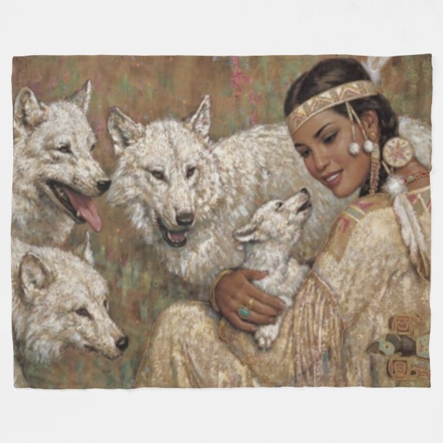 INDIAN MADIEN UND WOLVES FLEECEDECKE (Vorderseite (Horizontal))