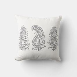 Indian Motif Handblock Print Grau auf Weiß Kissen