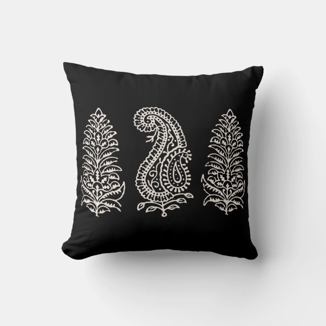 Indian Motif Handblock Print Light Cream Black Kissen (Vorderseite)