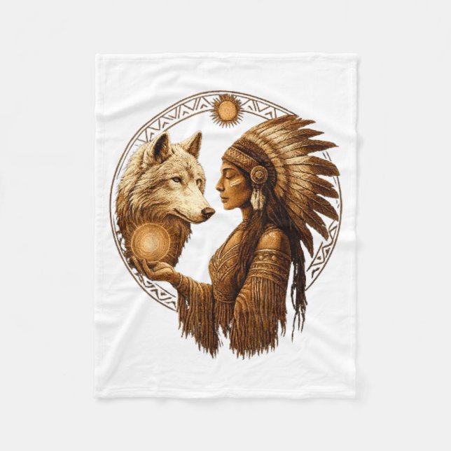 Indian Native American Woman With White Wolf Vinta Fleecedecke (Vorderseite)
