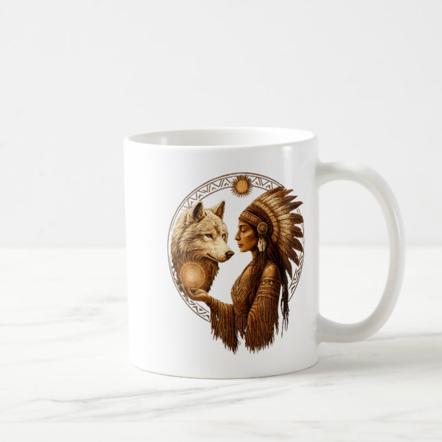 Indian Native American Woman With White Wolf Vinta Kaffeetasse (Rechts)