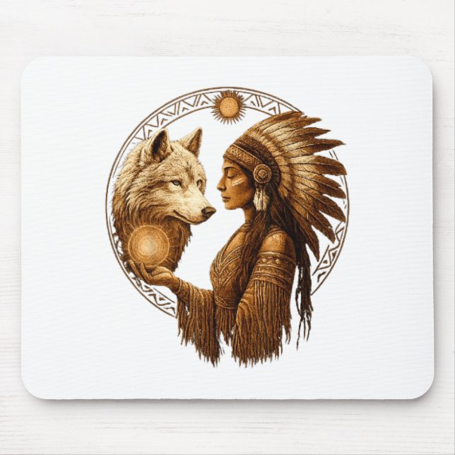Indian Native American Woman With White Wolf Vinta Mousepad (Vorne)
