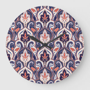 Indian Paisley: Blumenmedaille Nahtlos. Große Wanduhr
