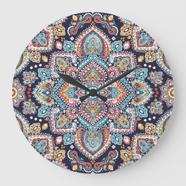Indian Paisley: Ethnisches Mandala Muster Große Wanduhr (Vorderseite)