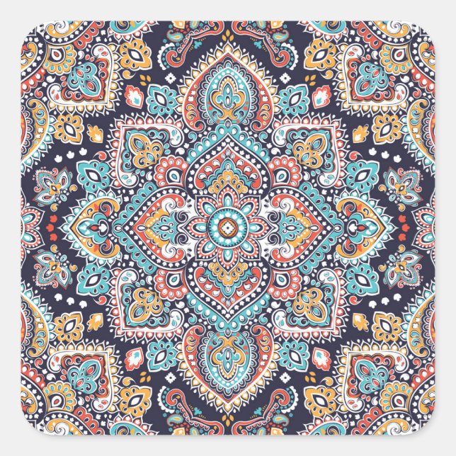 Indian Paisley: Ethnisches Mandala Muster Quadratischer Aufkleber (Vorderseite)