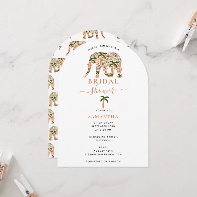 Indian Paisley Ornate Elephants Bridal Shower Einladung (Vorderseite/Rückseite Beispiel)