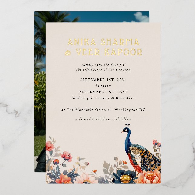 Indian Peacock Blume Foto Wedding Save the Date Folieneinladung (Vorderseite/Rückseite)
