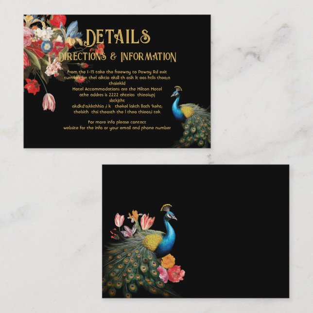 Indian Peacock Floral Wedding Details Info-Karte Visitenkarte (Vorne/Hinten)