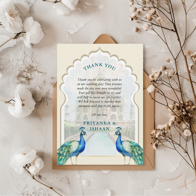 Indian Peacock Gold Taj Mahal Ästhetische Hochzeit Dankeskarte (Indian Wedding Thank You Card Peacocks Taj Mahal Arch Aesthetic Hindu Punjabi)