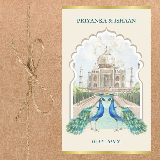 Indian Peacock Gold Taj Mahal Ästhetische Hochzeit Rechteckiger Aufkleber (Taj Mahal Peacock Gold Indian Wedding Custom Sticker Hindu Punjabi Mughal Palace)