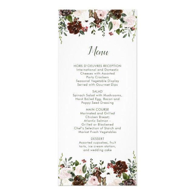 Indian Red Ivory Forest Green Floral Mariage Menu (Devant)