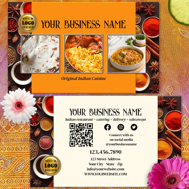 Indian Restaurant QR Code Foto Social Media Visitenkarte (Business card for an Indian restaurant or catering company with photos of your best selling dishes)