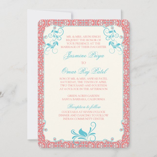 Indian Rokoko Floral Coral Aqua Wedding Einladung (Vorderseite)