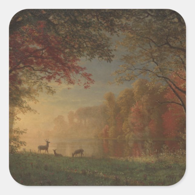 Indian Sunset Deer am See Quadratischer Aufkleber (Vorderseite)