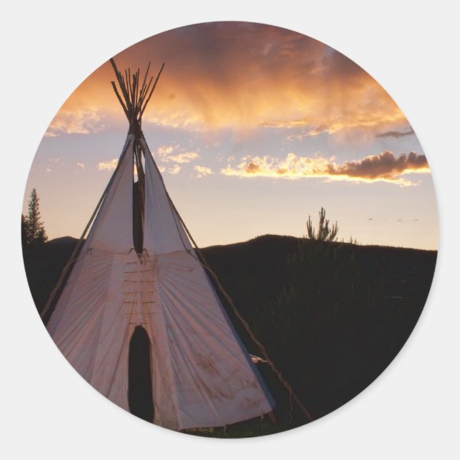 Indian Teepe Sunset Landschaft Runder Aufkleber (Vorderseite)
