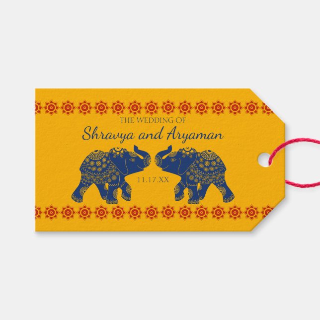 Indian Themed Elefanten bei Royal Blue Wedding Geschenkanhänger (Vorderseite (Horizontal))