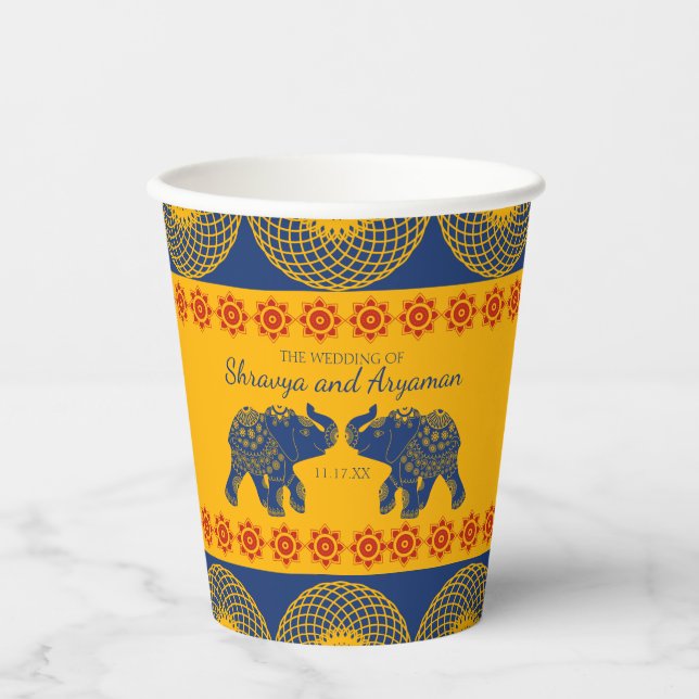 Indian Themed Elefanten bei Royal Blue Wedding Pappbecher (Vorderseite)
