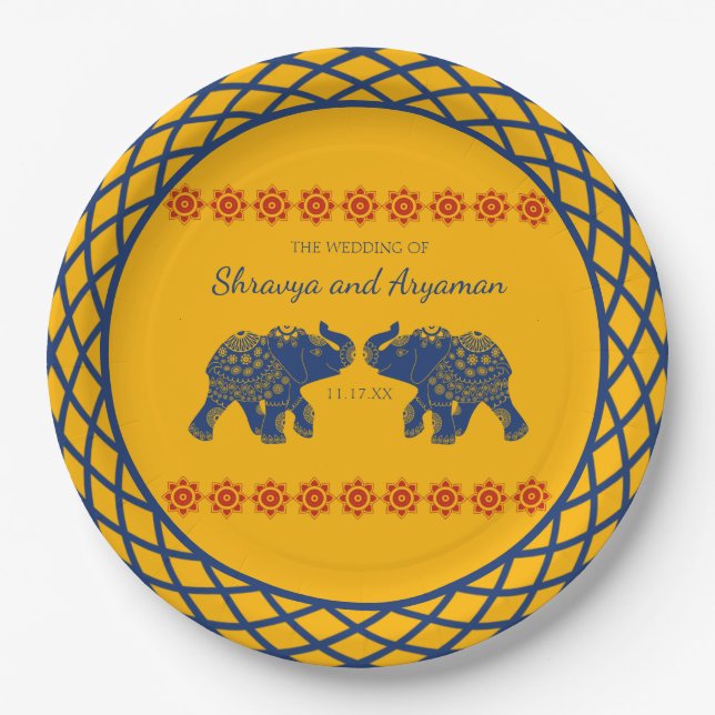Indian Themed Elefanten bei Royal Blue Wedding Pappteller (Vorderseite)