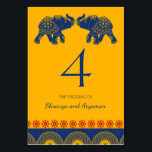 Indian Themed Elefanten bei Royal Blue Wedding Tischnummer<br><div class="desc">Diese Tischnummern bieten einen modernen Einblick in die traditionellen indischen Hochzeitsfeiern und Empfänge mit ihrer kühnen Farbpalette aus goldgelb,  rot und königsblau. Die Zahlenkarten werden durch ein geometrisches Motiv hervorgehoben und zeigen Abbildungen von Elefanten in königsblau.</div>