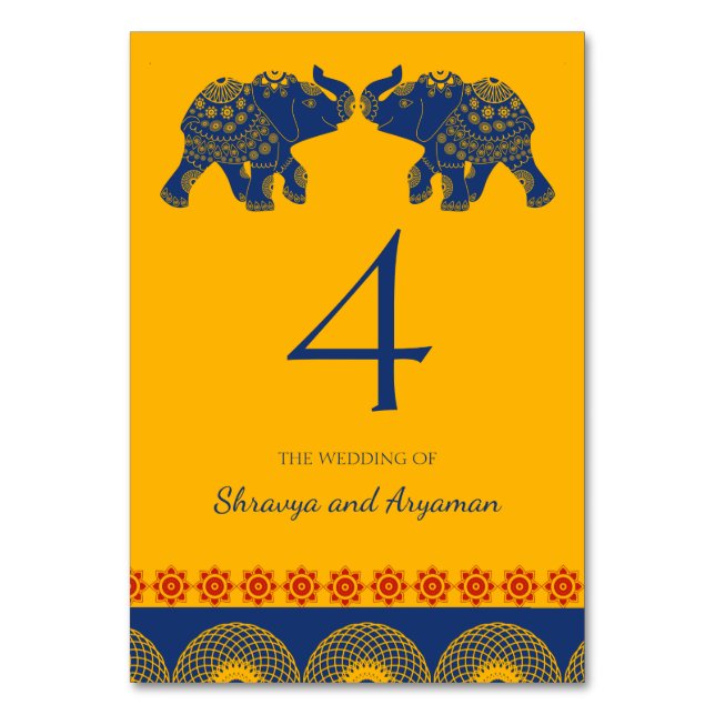Indian Themed Elefanten bei Royal Blue Wedding Tischnummer (Vorderseite)
