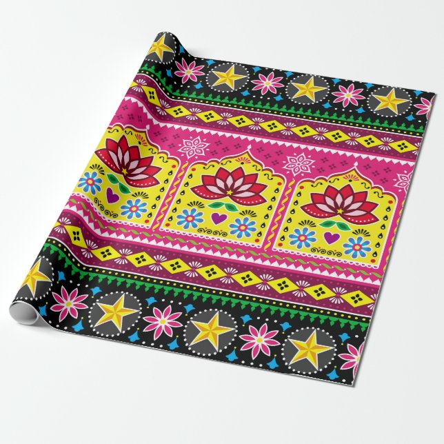 Indian truck art floral seamless folk art pattern, geschenkpapier (Ungerollt)