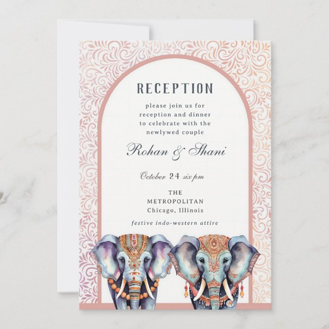 Indian Wedding Elephant Floral Empfang Einladung (Vorderseite)