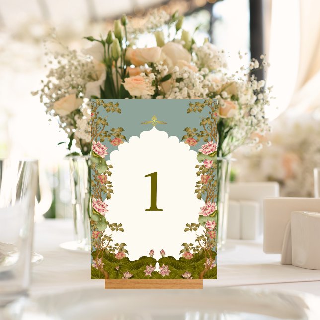 Indian Wedding Floral Lotus Oriental Tischnummer (Indian Wedding Floral Teal Lotus Roses Table Number)