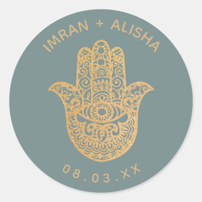 Indian Wedding Gold Blue Hamsa Henna Runder Aufkleber (Vorderseite)