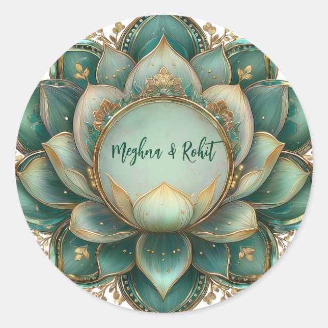Indian Wedding Gold Green Lotus Runder Aufkleber (Vorderseite)