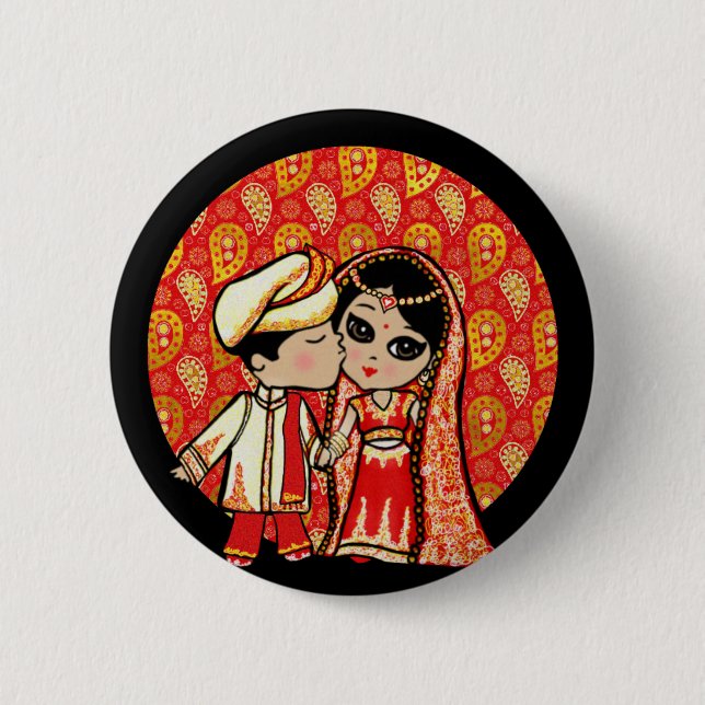 Indian Wedding Niedlich Bride Groom Cartoon Button (Vorderseite)