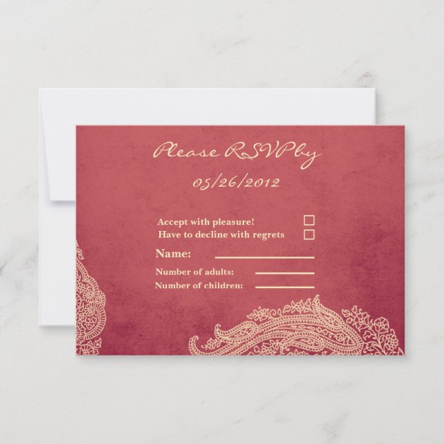 Indian Wedding RSVP Card, Mehndi, rot, gold (Vorderseite)