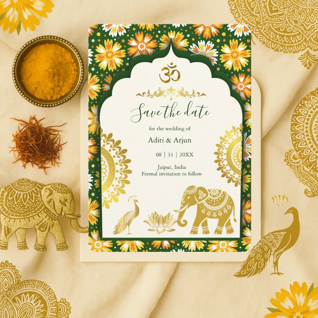 Indian Wedding Save the Date – Emerald ivory Gold  Einladung (Von Creator hochgeladen)