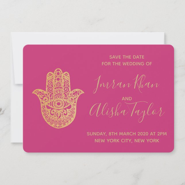 Indian Wedding Save the date Gold hamsa Henna (Vorderseite)