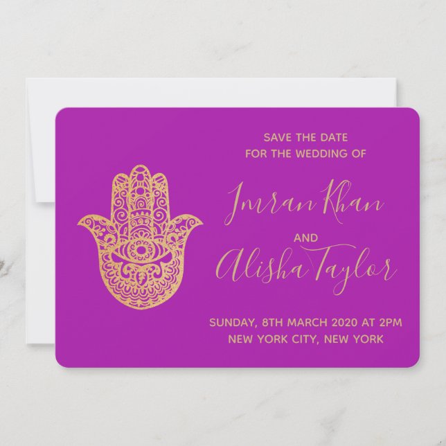 Indian Wedding Save the date Gold hamsa Henna (Vorderseite)