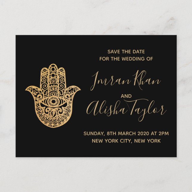 Indian Wedding Save the date Gold hamsa Henna Ankündigungspostkarte (Vorderseite)