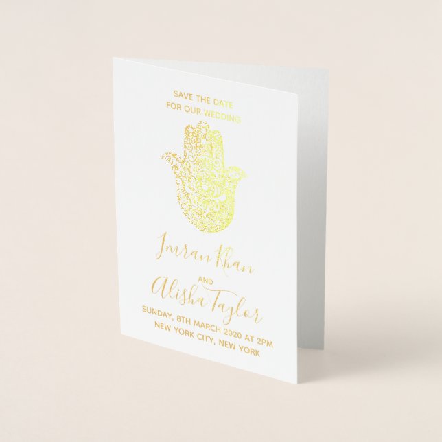 Indian Wedding Save the date Gold hamsa Henna Folienkarte (Vorderseite)