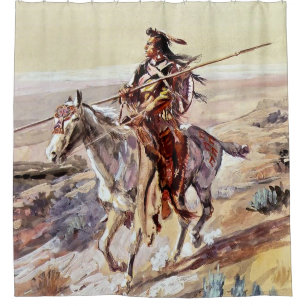 "Indian With Spear" Cowboy Art von Charles Russell Duschvorhang