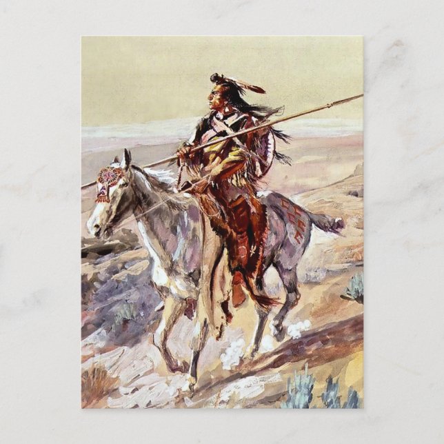 "Indian With Spear" Cowboy Art von Charles Russell Postkarte (Vorderseite)
