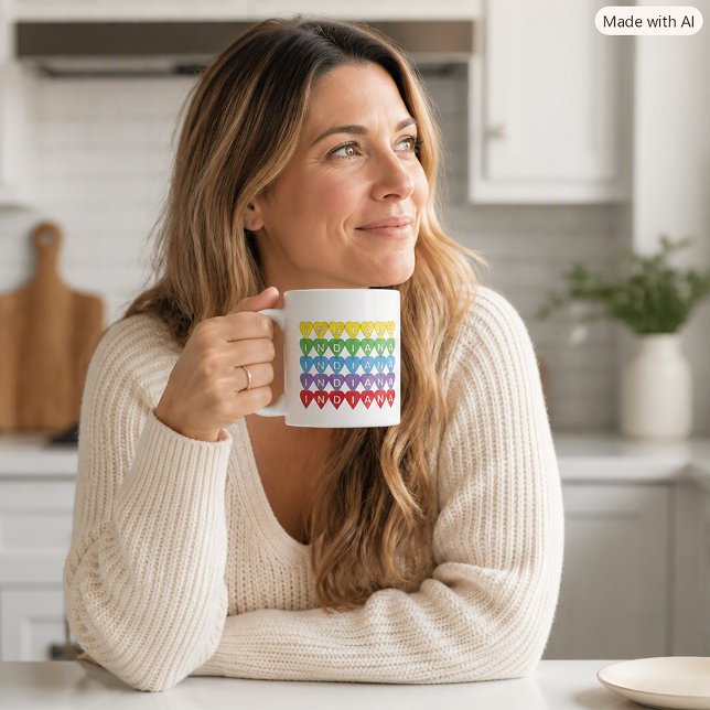 Indiana Regenbogen-Herzen State Pride Kaffeetasse (A mug with a colorful heart design that says Indiana.)