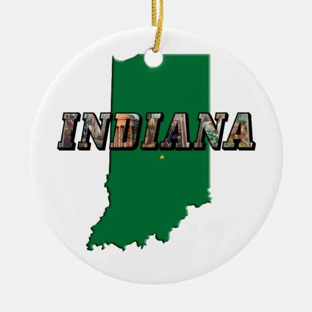 Indiana Staat Map Green Kontur & Foto Text Keramikornament (Vorne)
