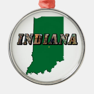 Indiana Staat Map Green Kontur & Foto Text Silbernes Ornament