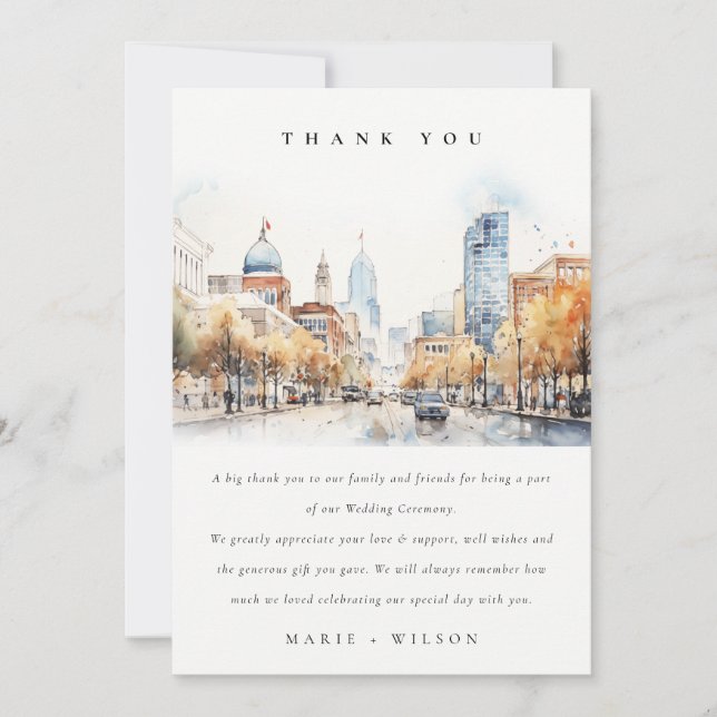 Indianapolis, Indiana Watercolor Landscape Wedding Dankeskarte (Vorderseite)