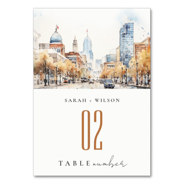Indianapolis, Indiana Watercolor Landscape Wedding Tischnummer (Vorderseite)