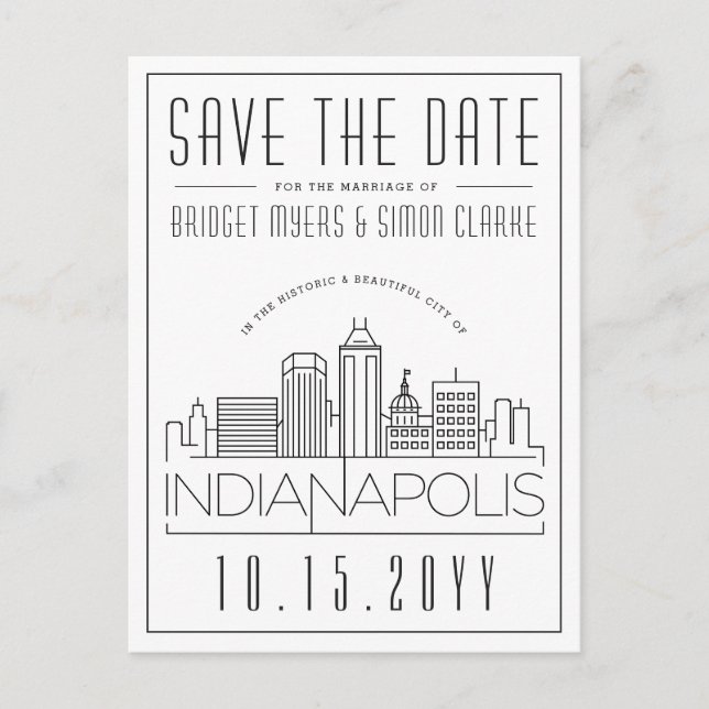 Indianapolis Wedding Skyline Save the Date Postkarte (Vorderseite)