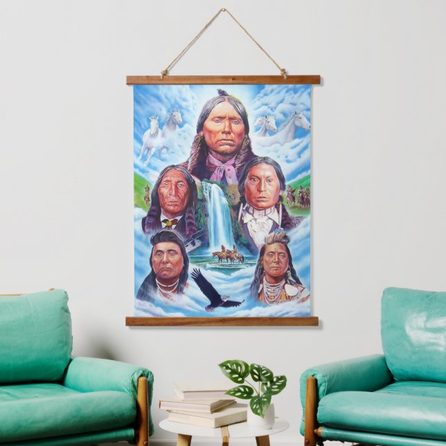 Indianeramerikaner Berühmte indische Chefs Vertika Wandteppich Mit Holzrahmen (Wohnzimmer)