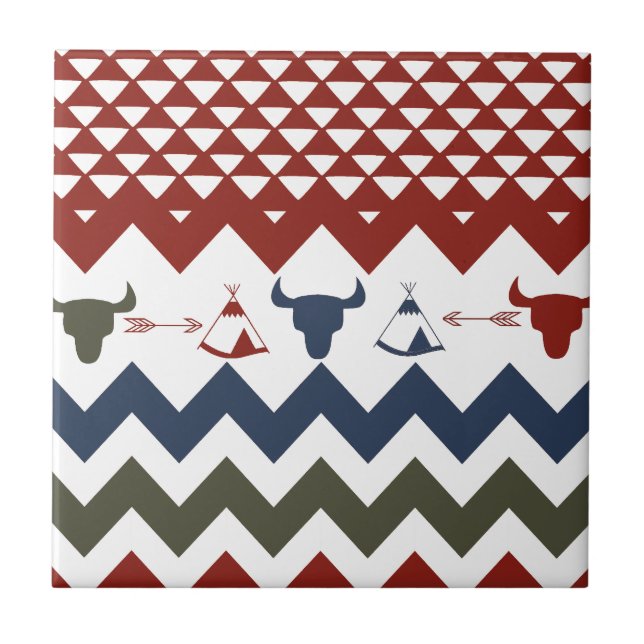 Indianeramerikanisches Rotes Blau Zickzack Tipi Sk Fliese (Vorderseite)