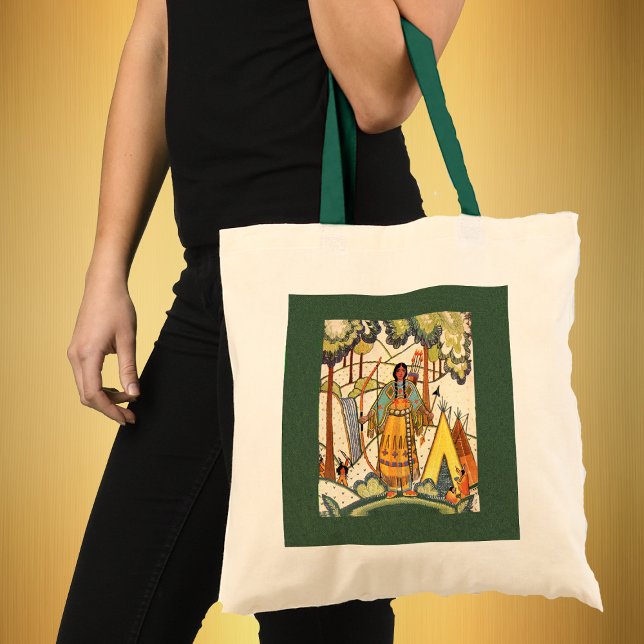 Indianerbeutel Tragetasche (Native American women bow arrow teepees under trees with en embroidery look on green tote bag.)